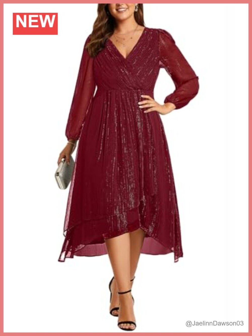 Plus Size Midi Wedding Guest Dress Long Sleeve A Line V Neck Formal